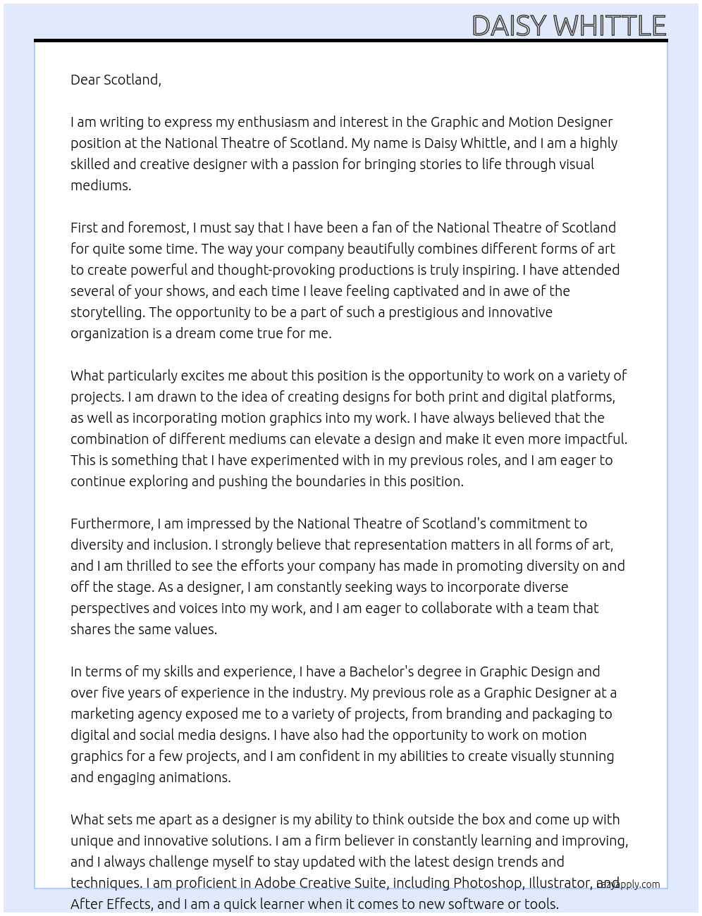 Graphic and motion designer At national theatre of scotland Cover Letter