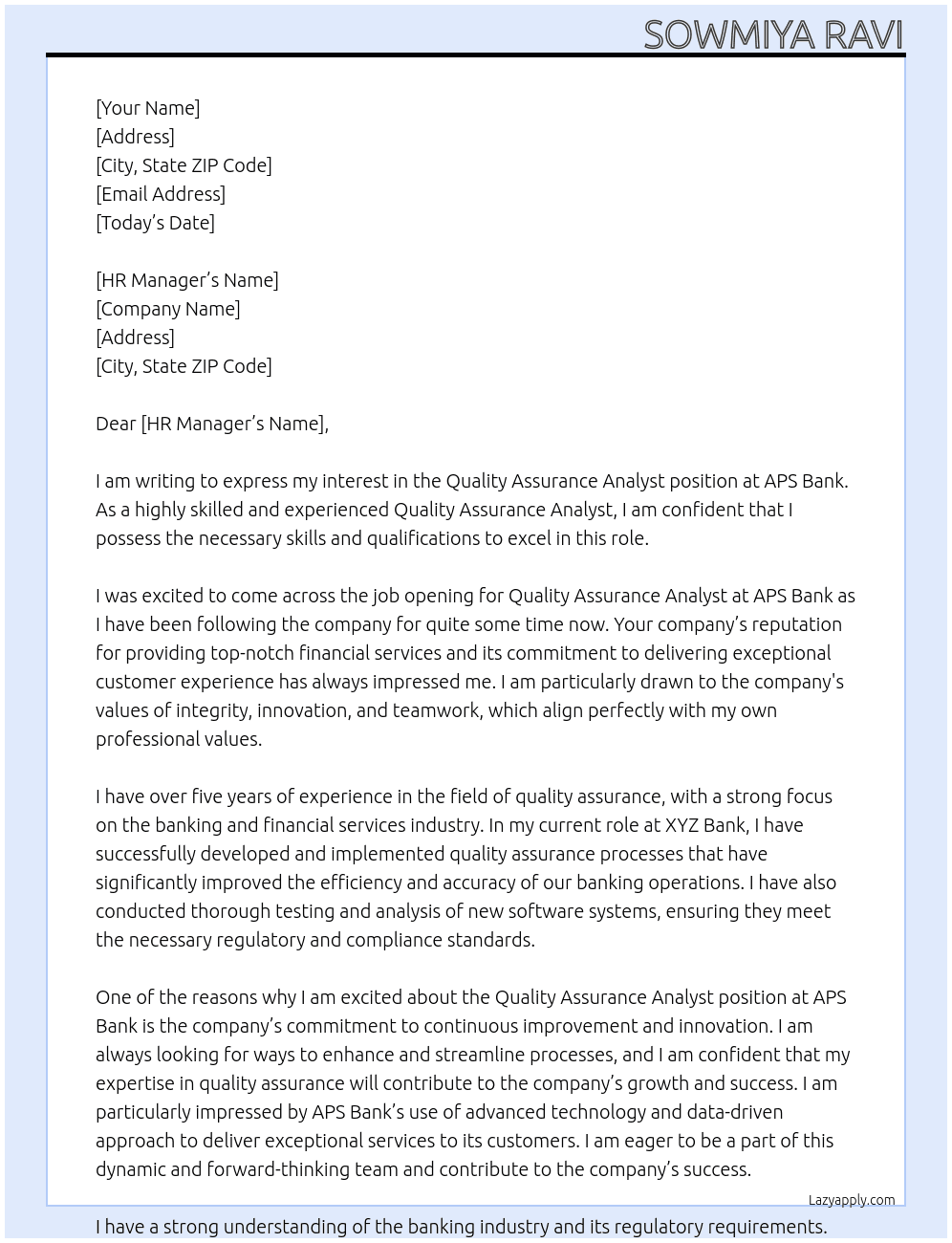 Quality Assurance Analyst At APS Bank Cover Letter