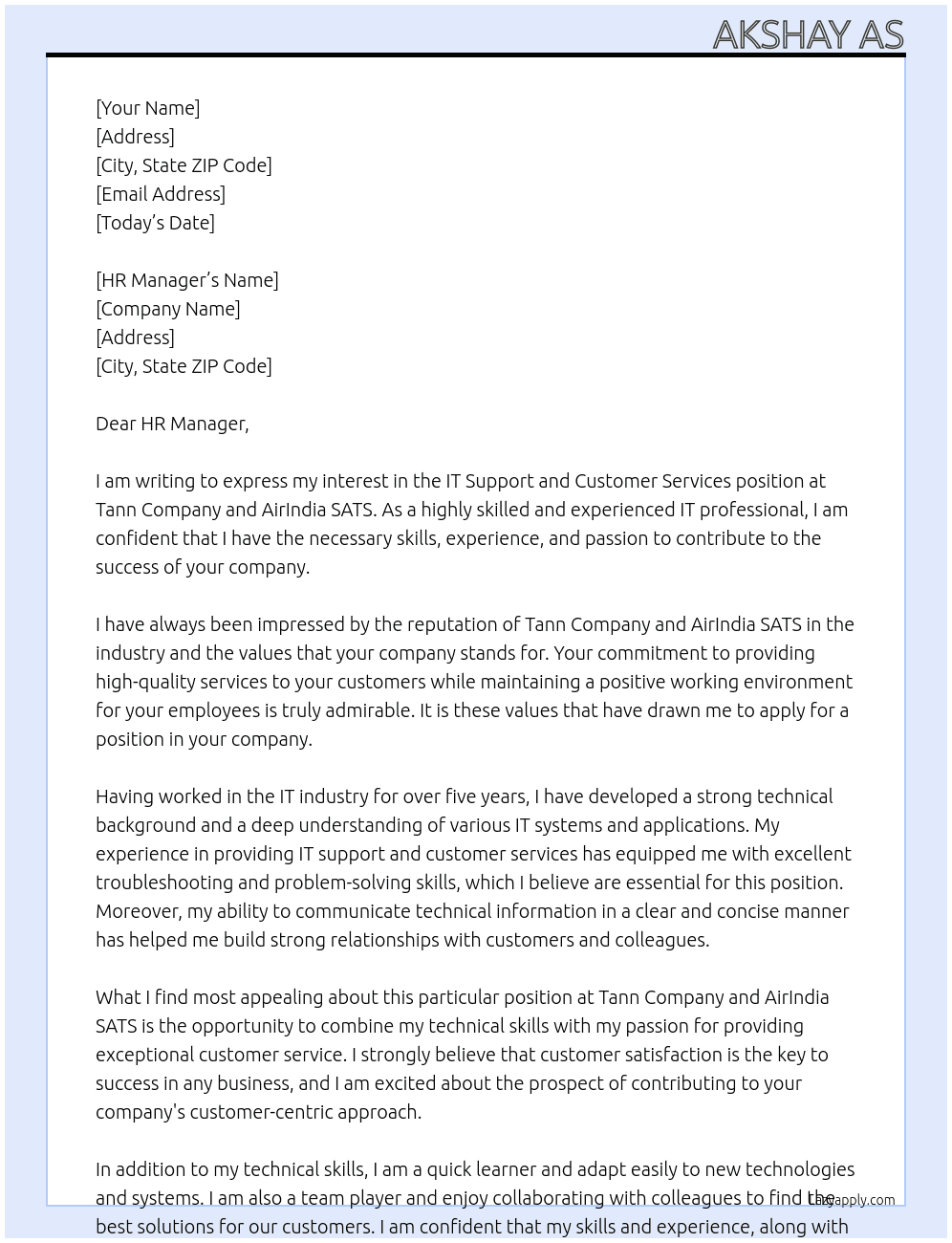 It support and customer services  At TANN COMPANY AND AIRINDIA SATS  Cover Letter