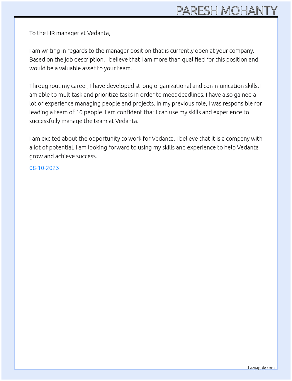 Manager  At Vedanta Cover Letter