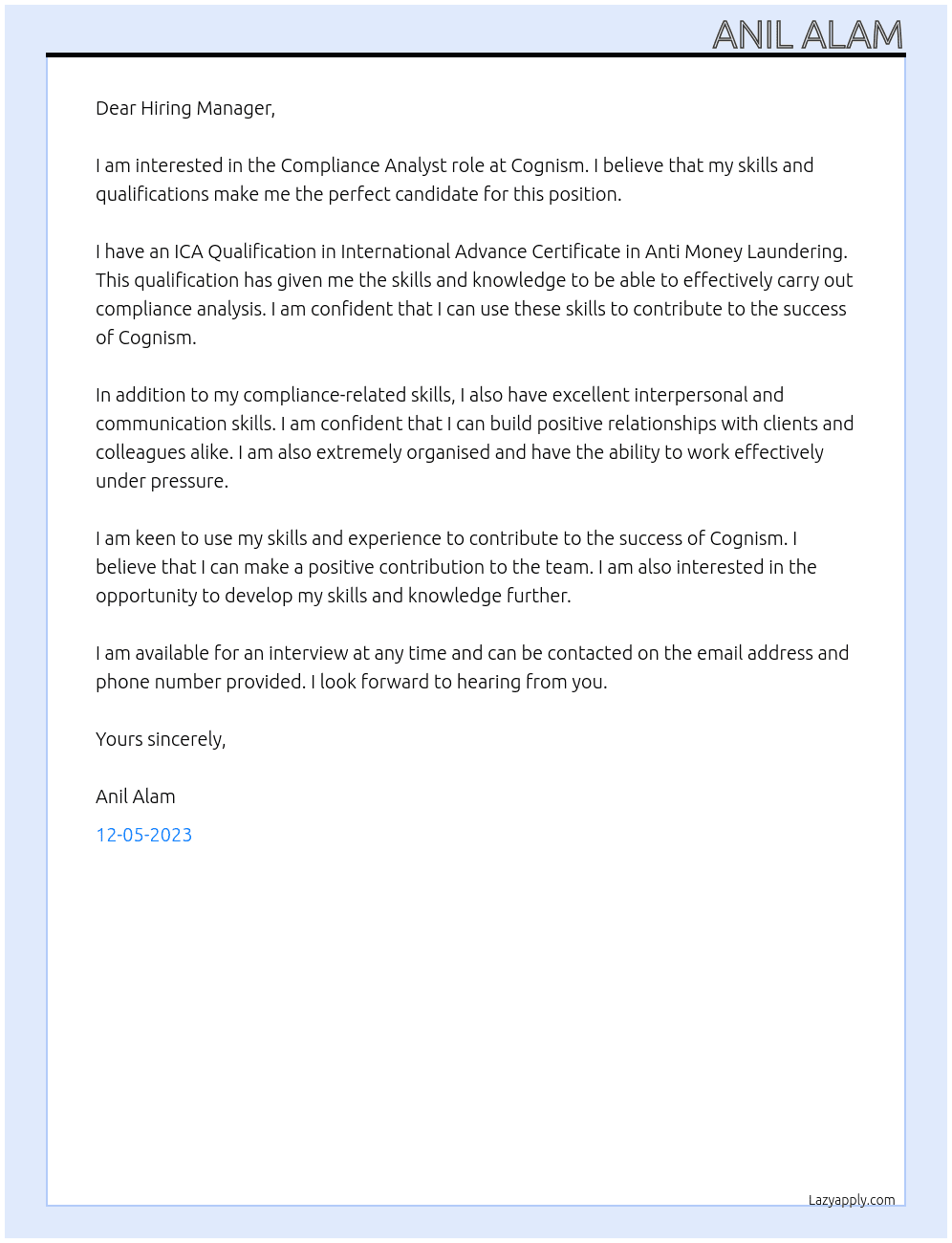 Compliance Analyst  At Cognism Cover Letter