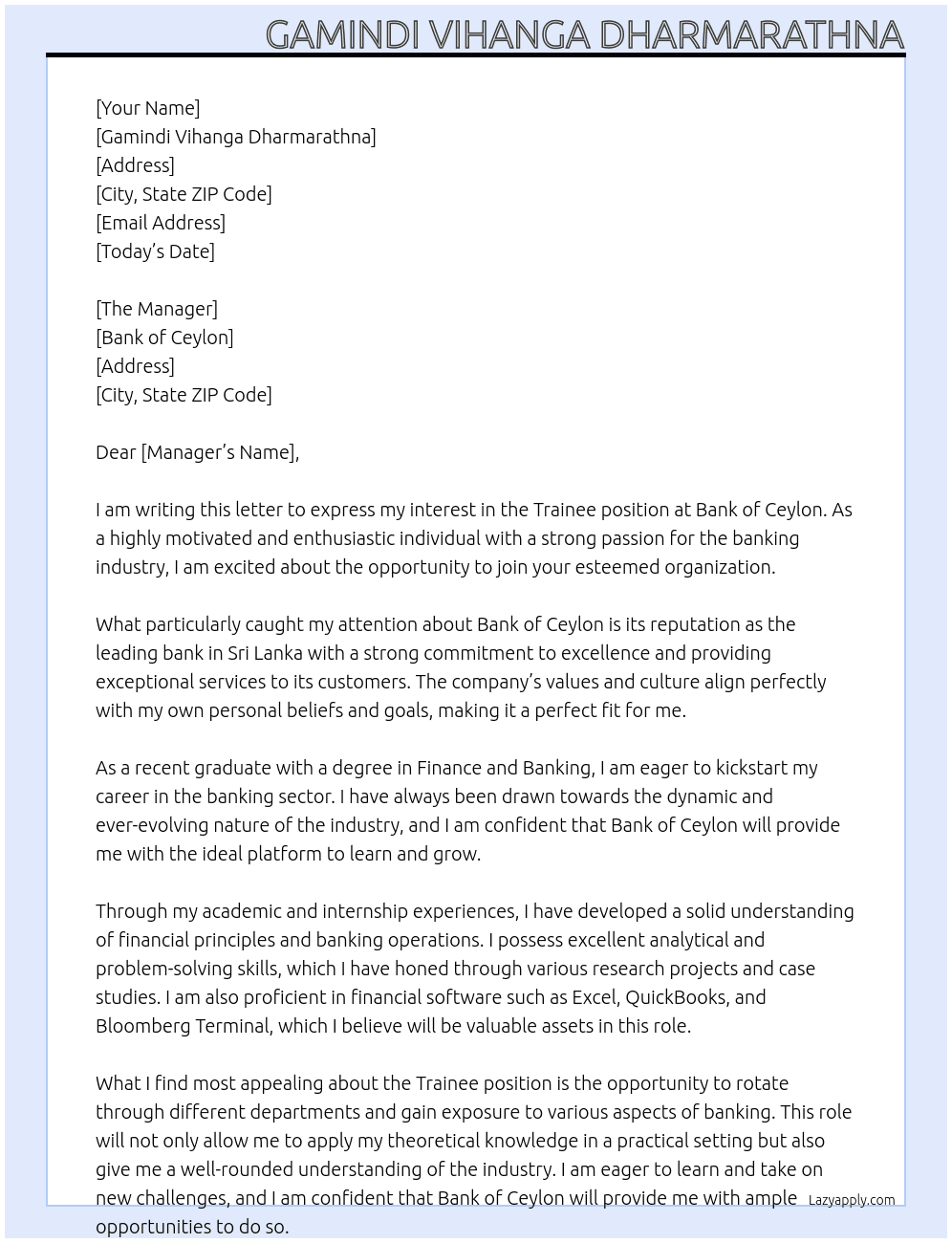 Trainee At Bank Of Ceylon Cover Letter