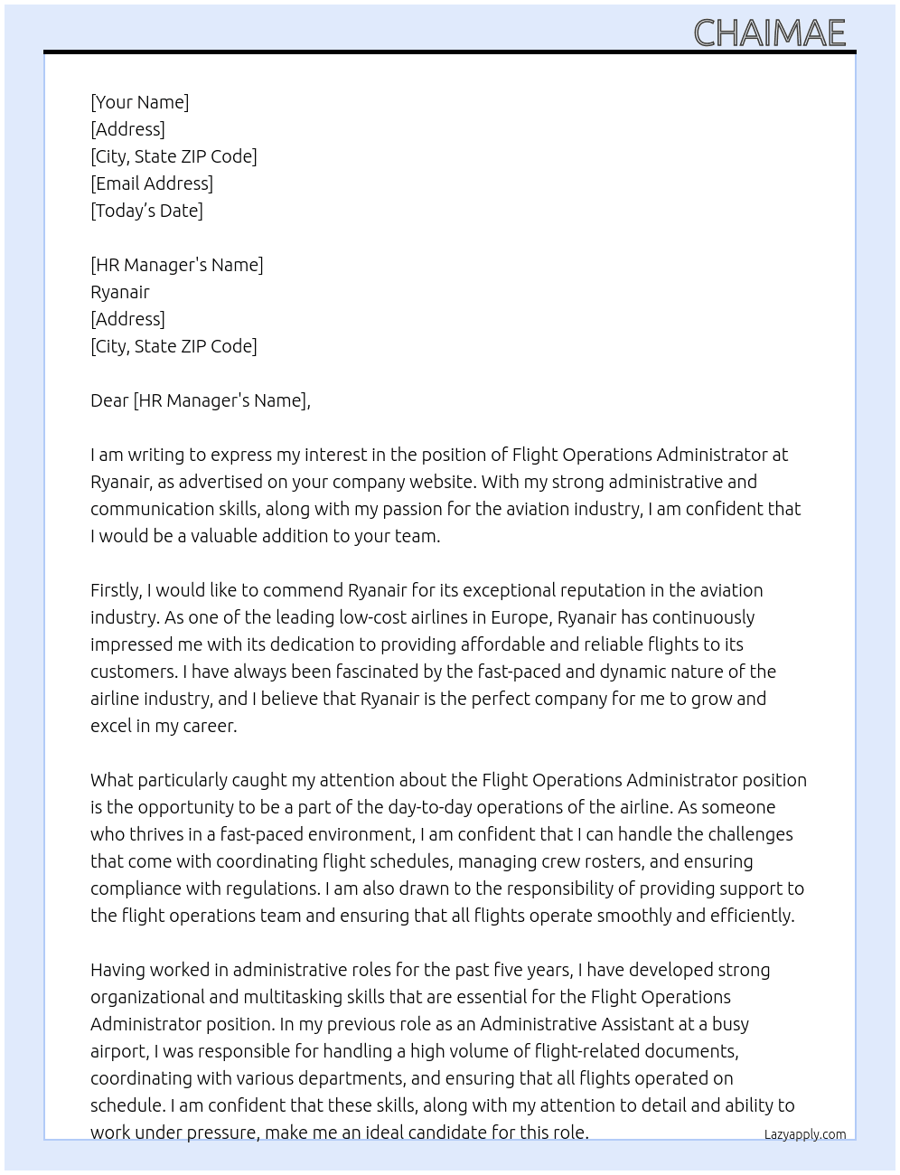 Cover letter for flight operations administrator - LazyApply