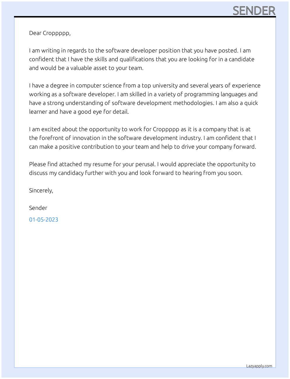 Software developer At Croppppp Cover Letter