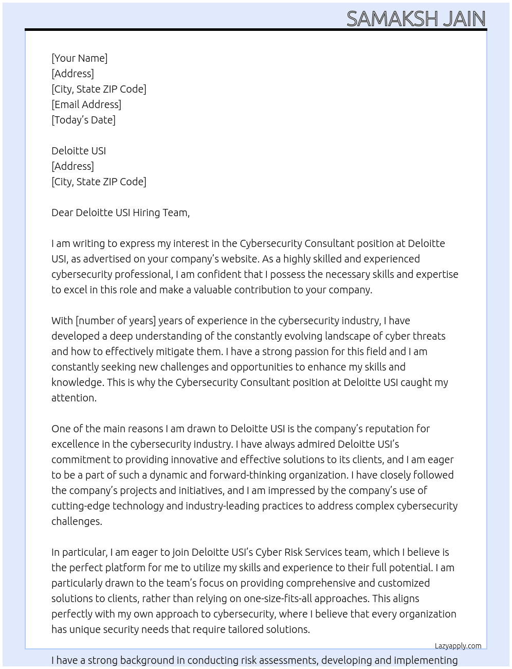 Cover letter for cybersecurity consultant - LazyApply
