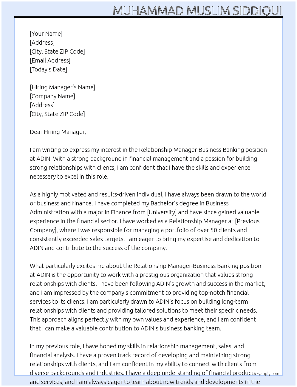 Relationship Manager-Business Banking At ADIN Cover Letter
