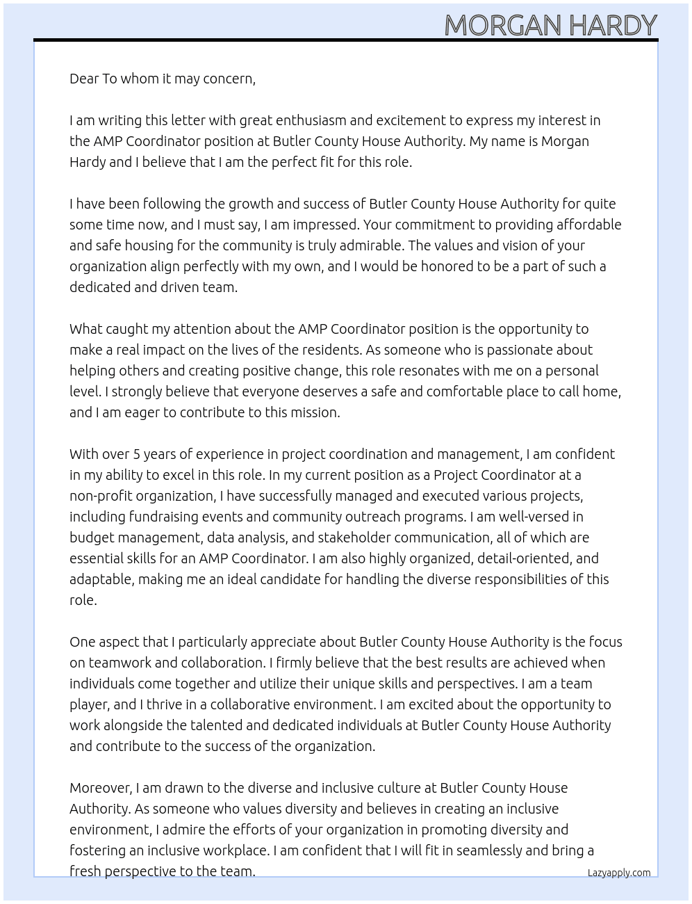 AMP Coordinator At Butler County House Authority Cover Letter