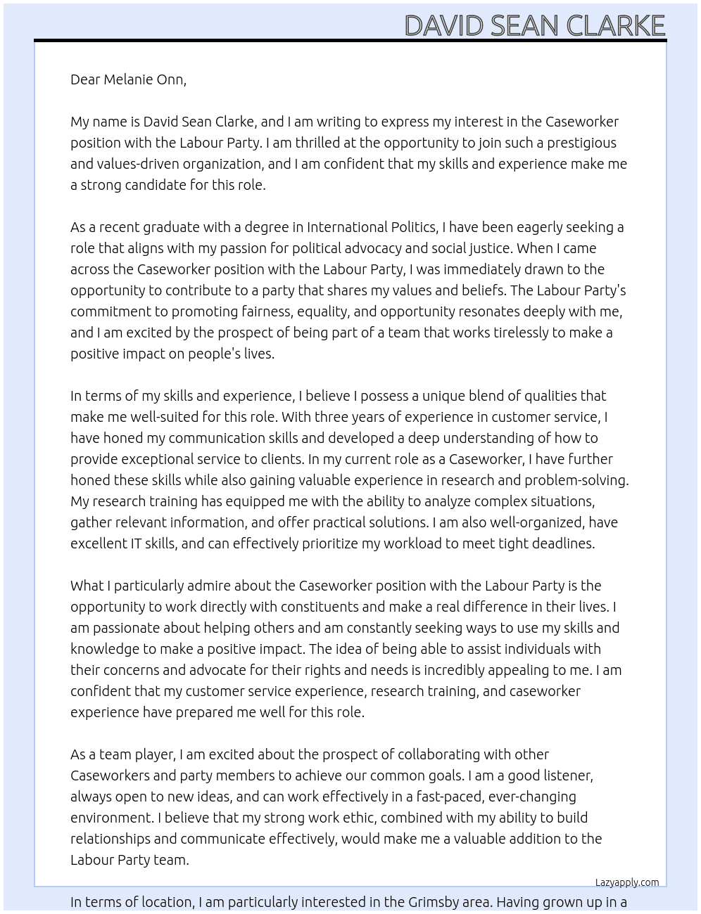 Caseworker At Labour Party Cover Letter