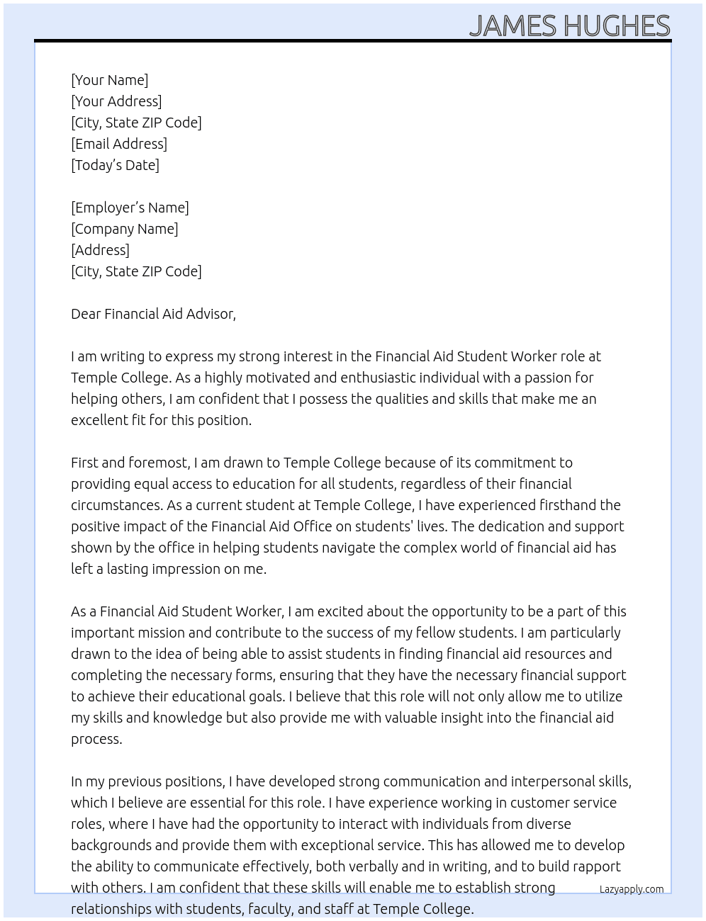 Financial Aid At Temple College Cover Letter
