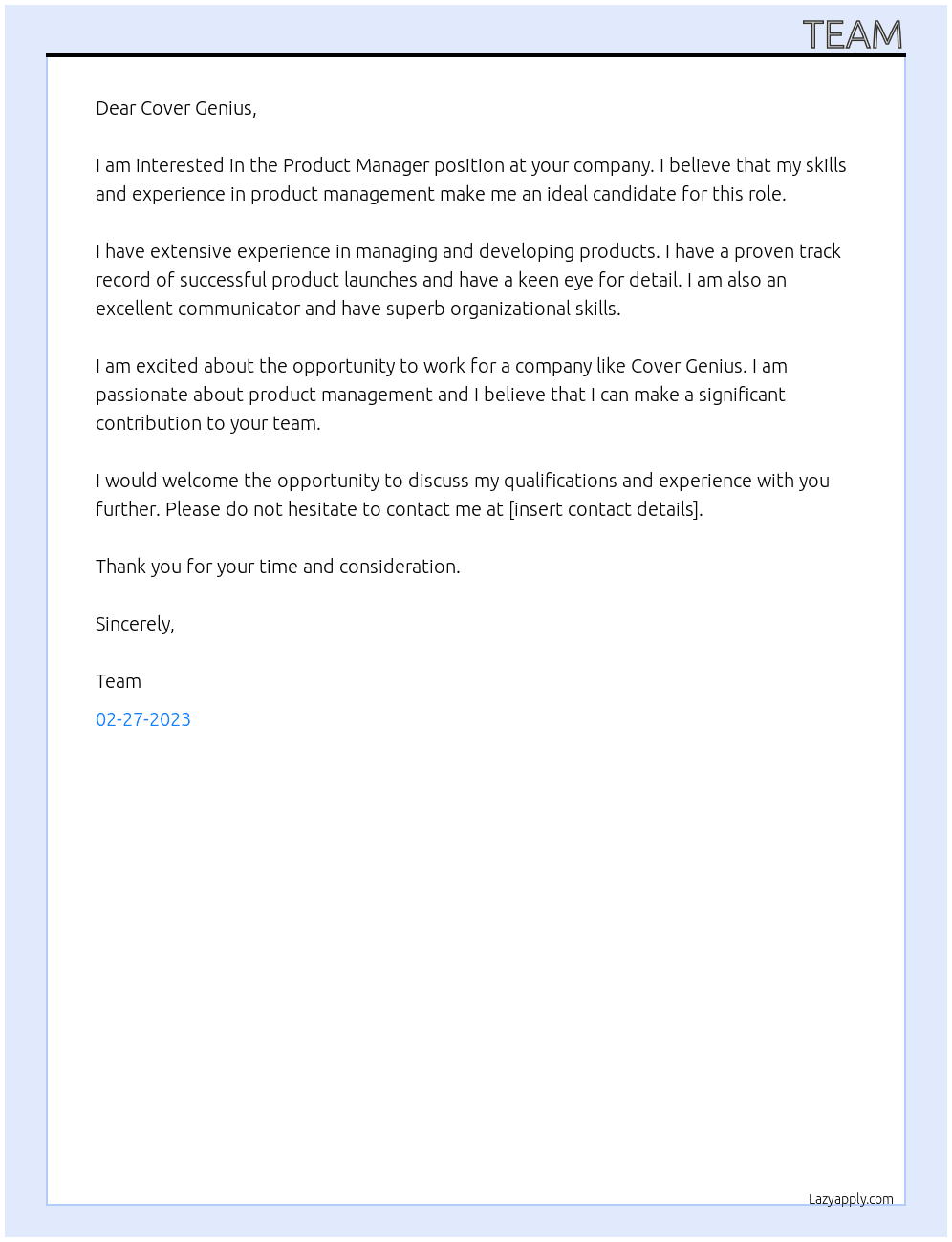 Product Manager At Cover Genius Cover Letter
