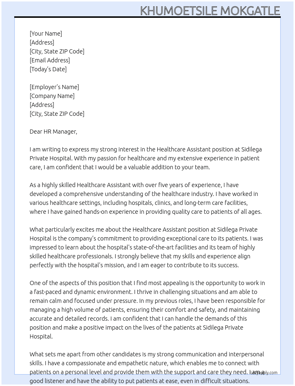 Healthcare Assistant  At Sidilega Private Hospital  Cover Letter
