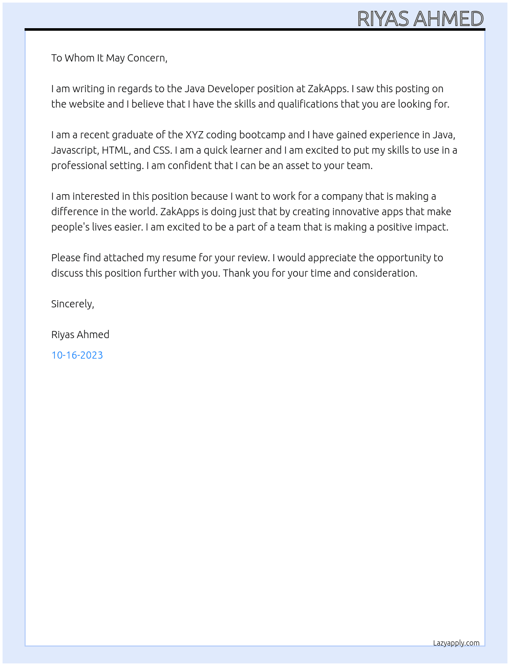 Java Developer At ZakApps Cover Letter