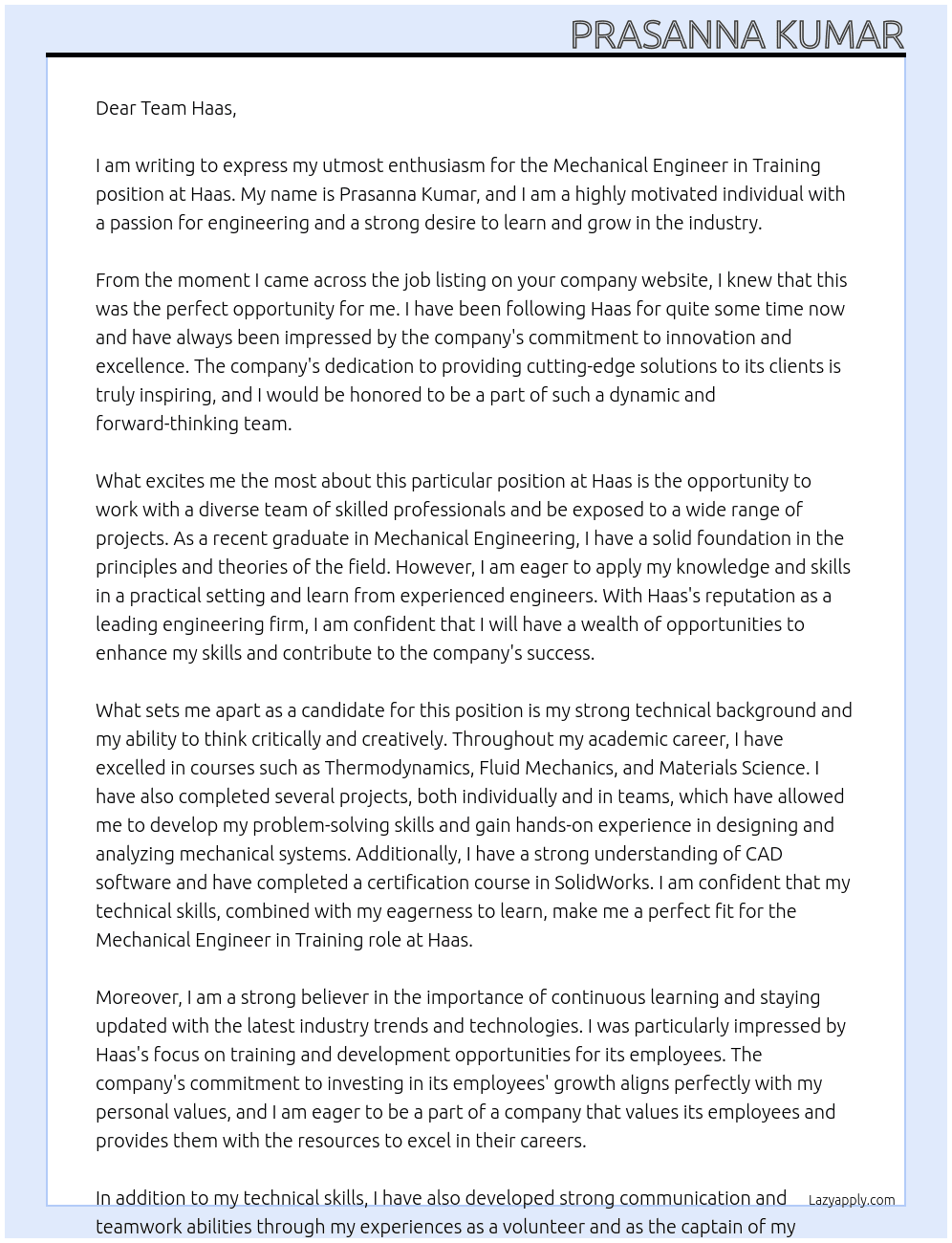 Mechanical Engineer in Training At Haas Cover Letter