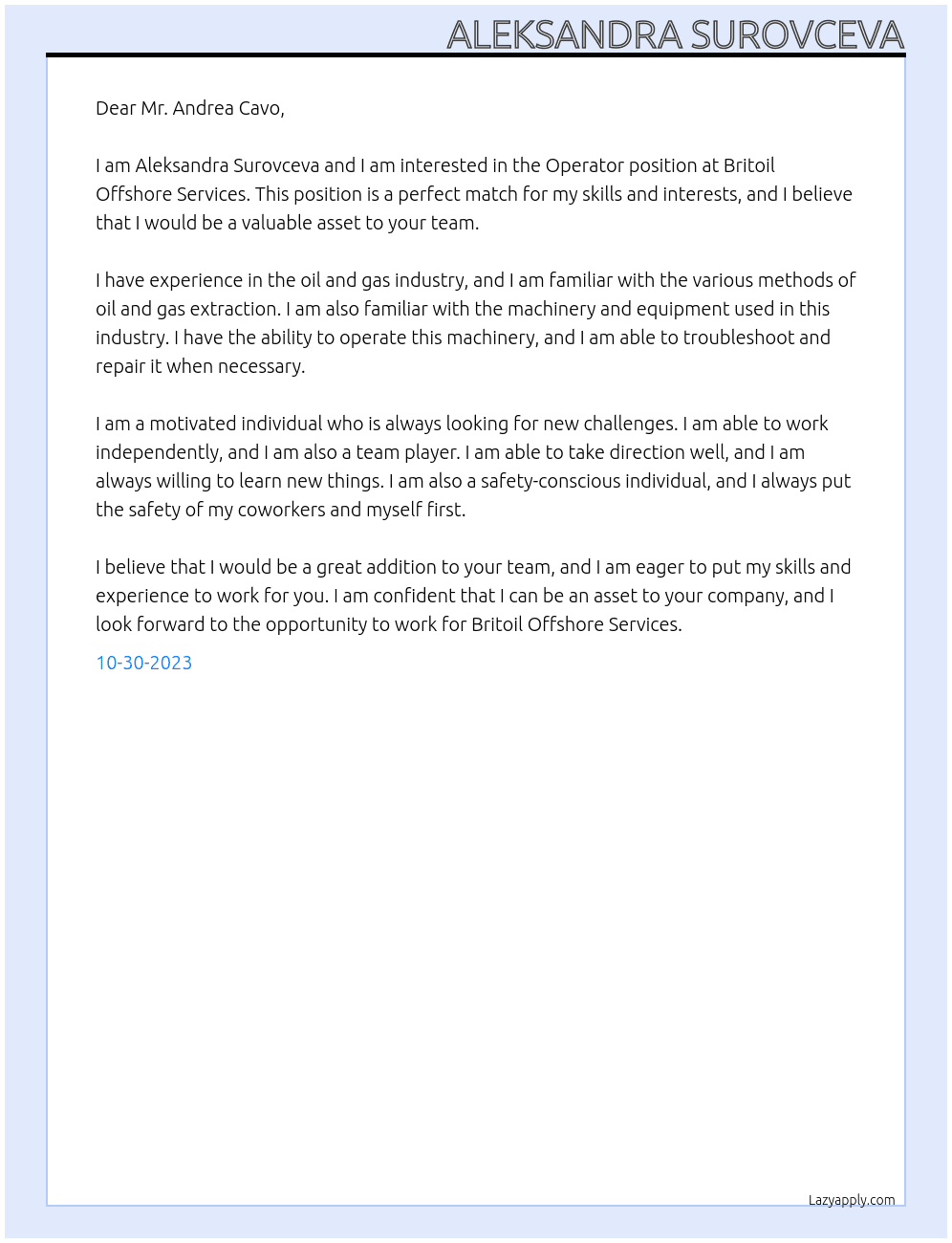 Operator At Britoil Offshore Services Cover Letter