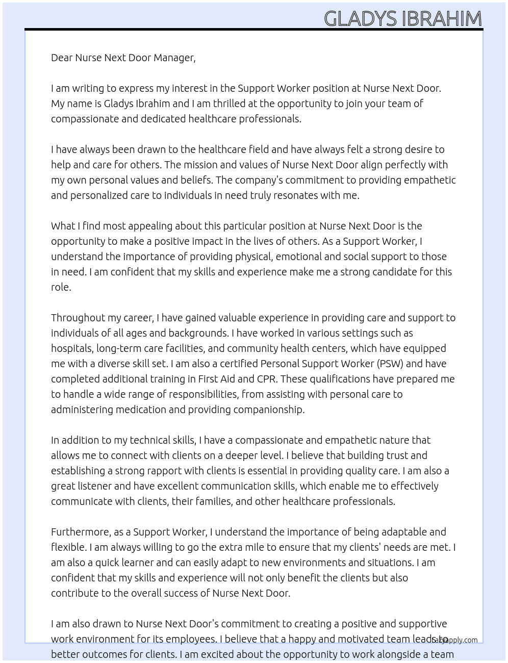 Support Worker At Nurse Next Door Cover Letter