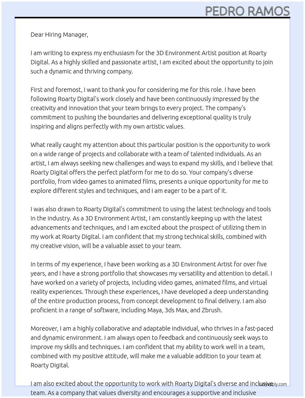 3D Environment Artist At Roarty Digital Cover Letter