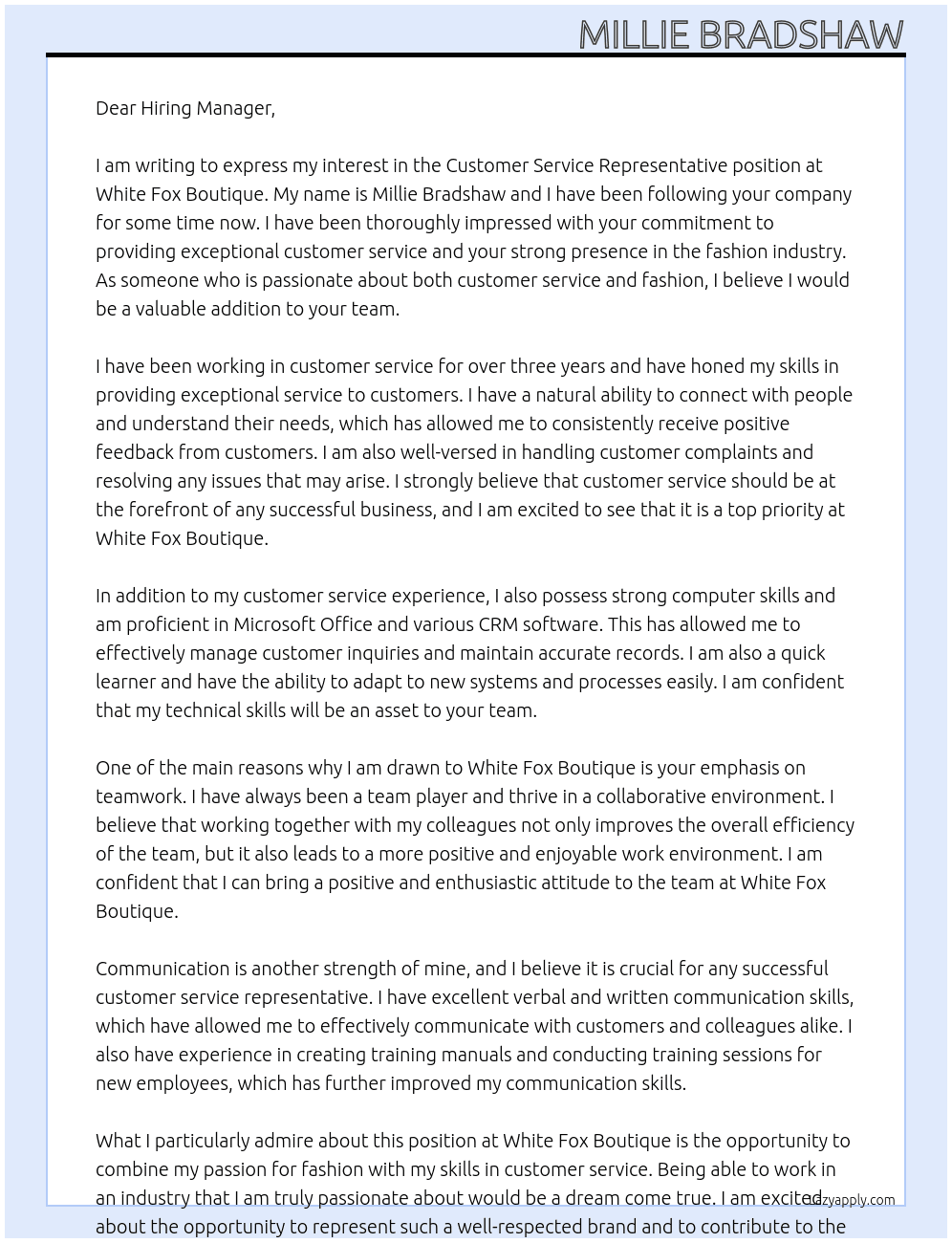 customer service representative At White Fox Boutique Cover Letter