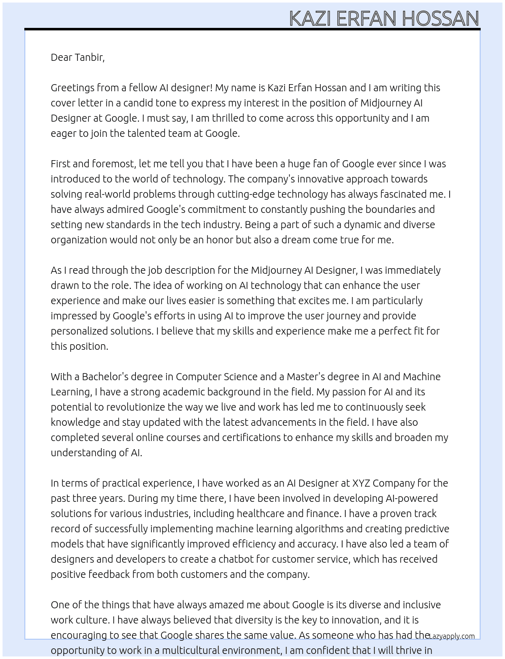 Cover letter for midjourney ai designer - LazyApply