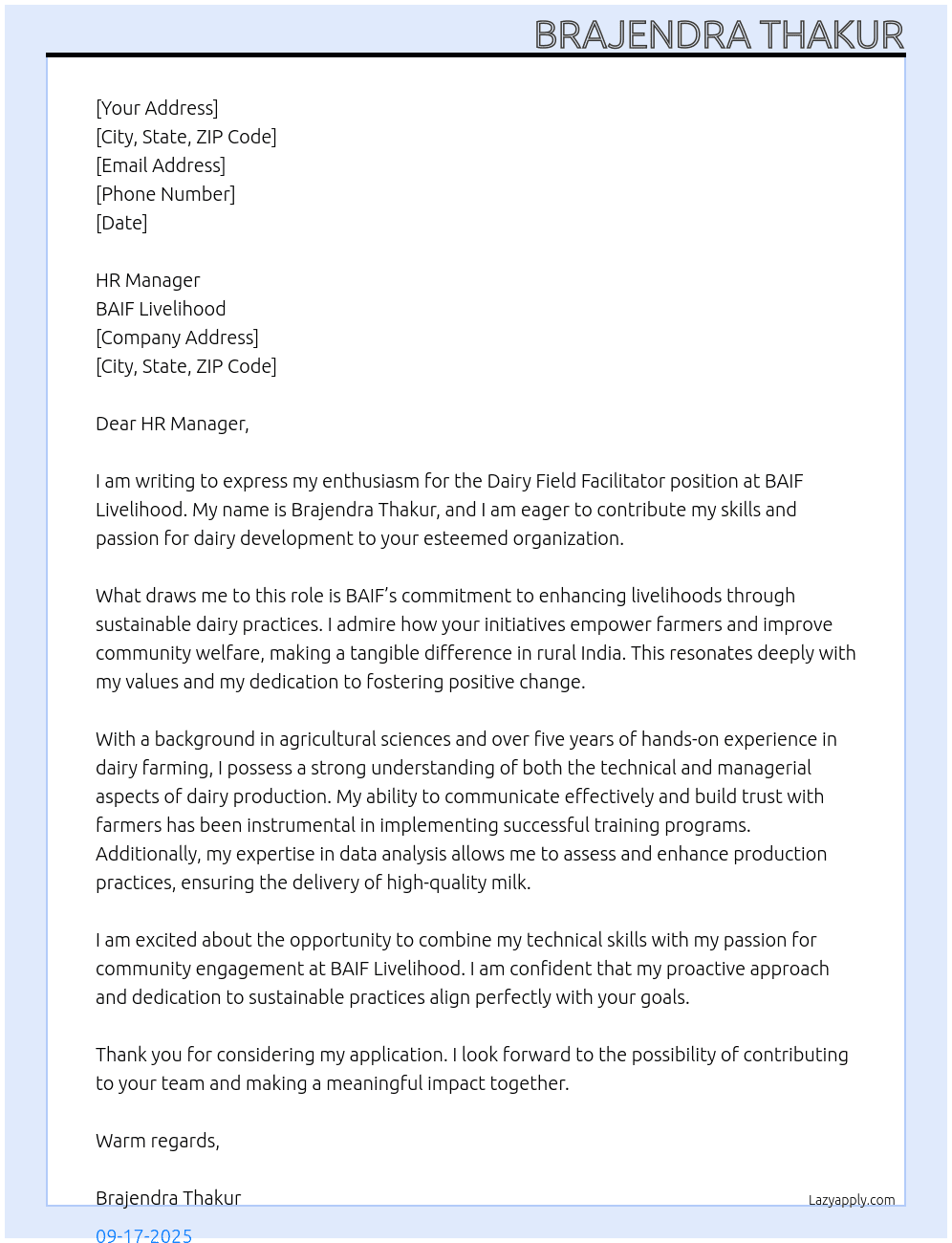 Dairy field Facilitator  At BAIF Livelihood  Cover Letter