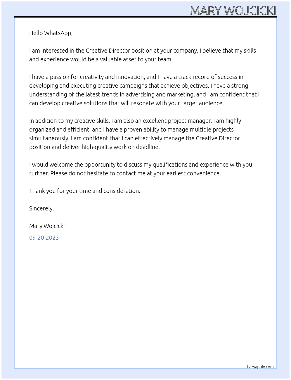 Creative Director At WhatsApp Cover Letter