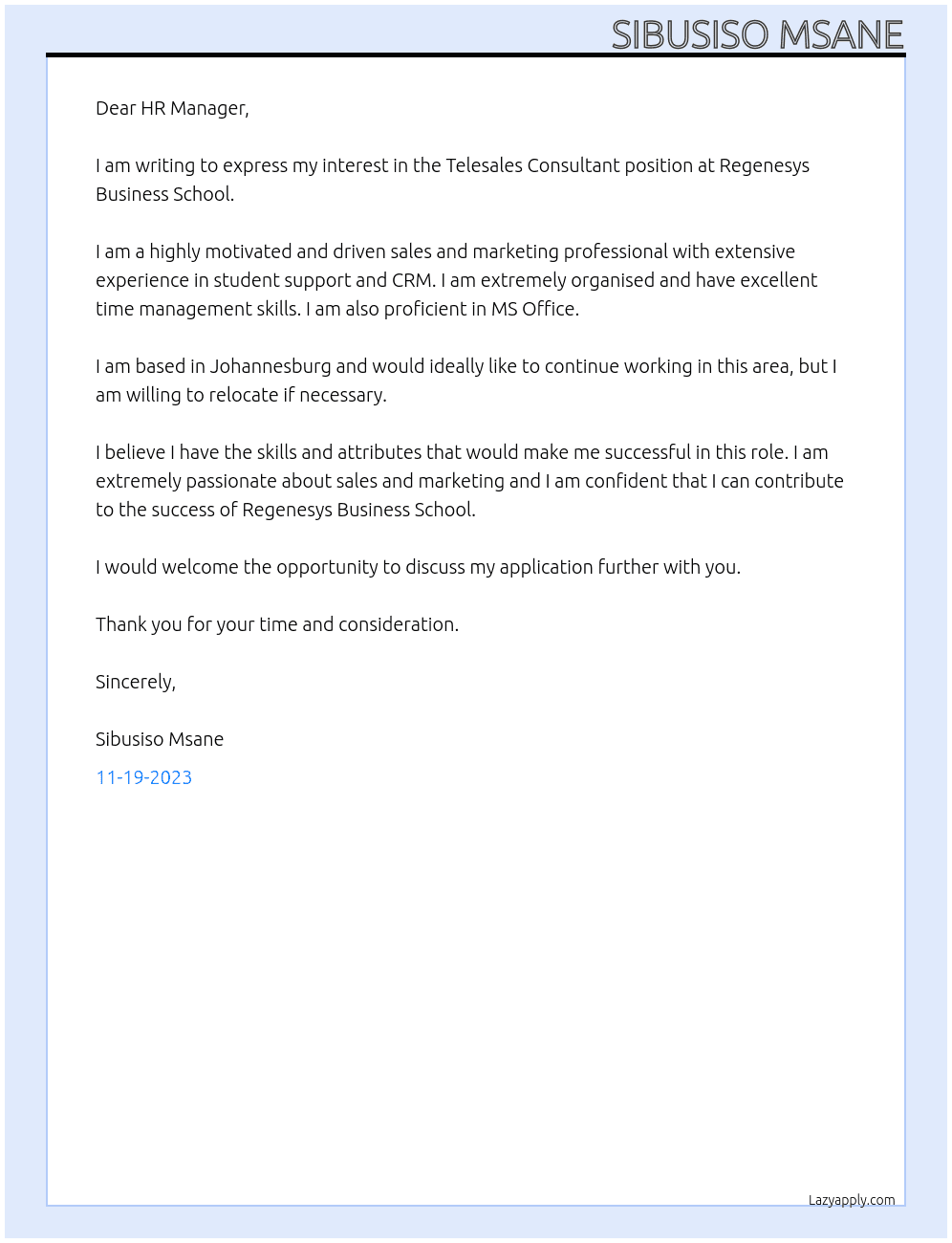 Telesales Consultant At Regenesys Business School Cover Letter