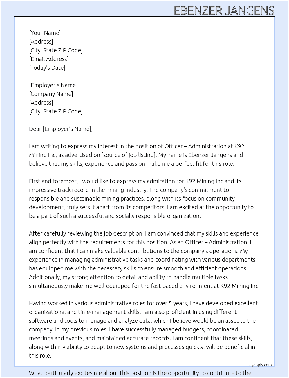 Officer - Administration At K92 Mining Inc Cover Letter