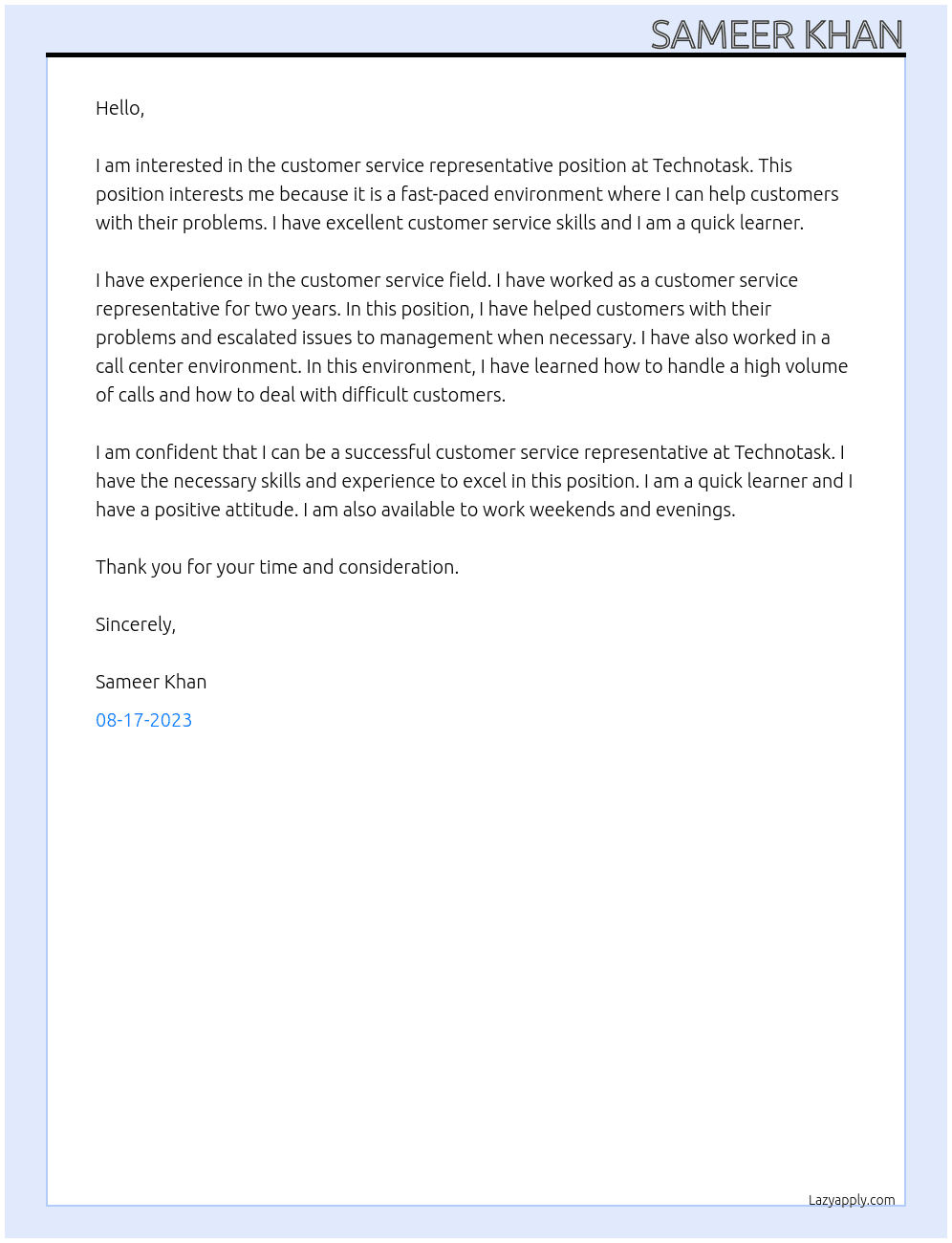 CSA At Technotask Cover Letter