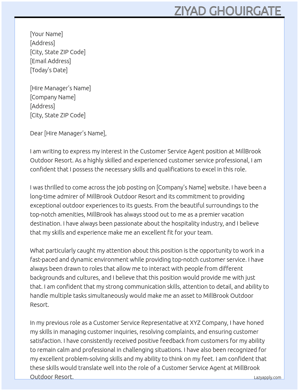 Customer service agent At MillBrook Outdoor resort  Cover Letter