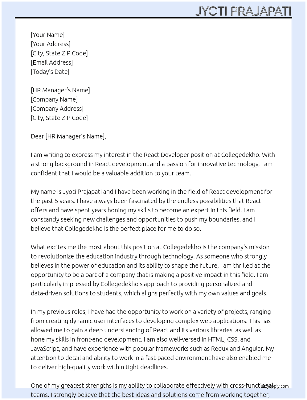 React developer  At Collegedekho Cover Letter