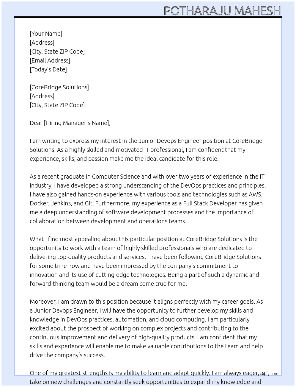Junior Devops Engineer At CoreBridge Solutions Cover Letter