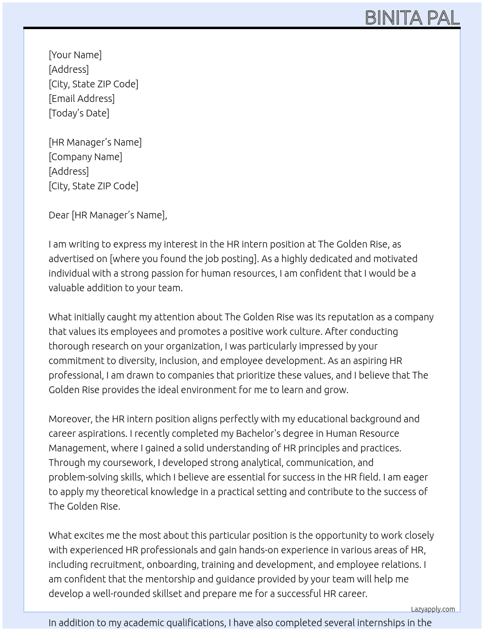 HR intern At The Golden Rise Cover Letter