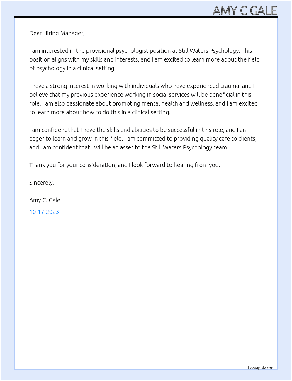 Provisional Psychologist At Still Waters Psychology Cover Letter