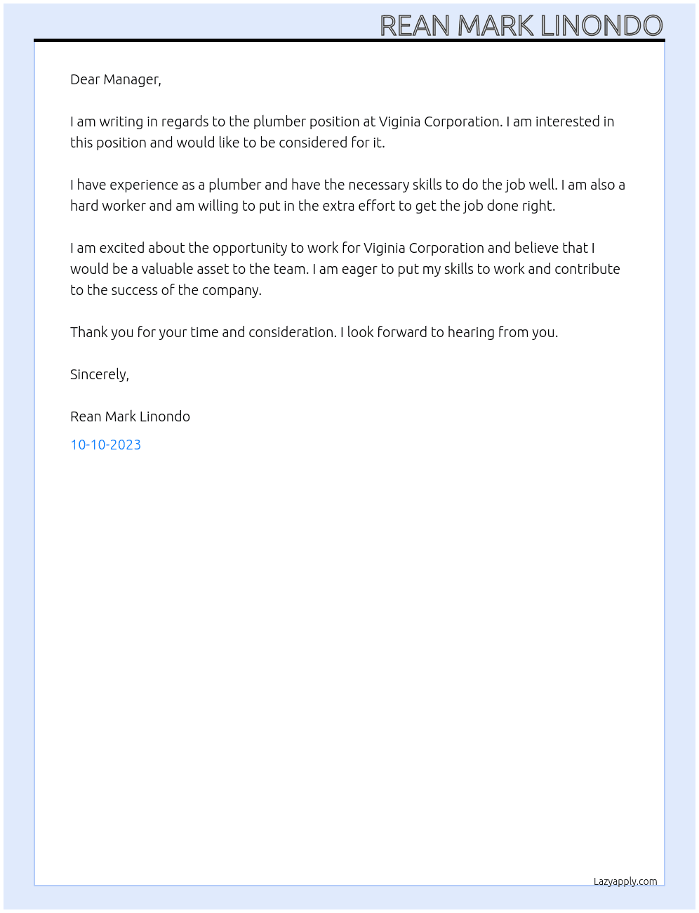 plumber At Viginia Corporation Cover Letter