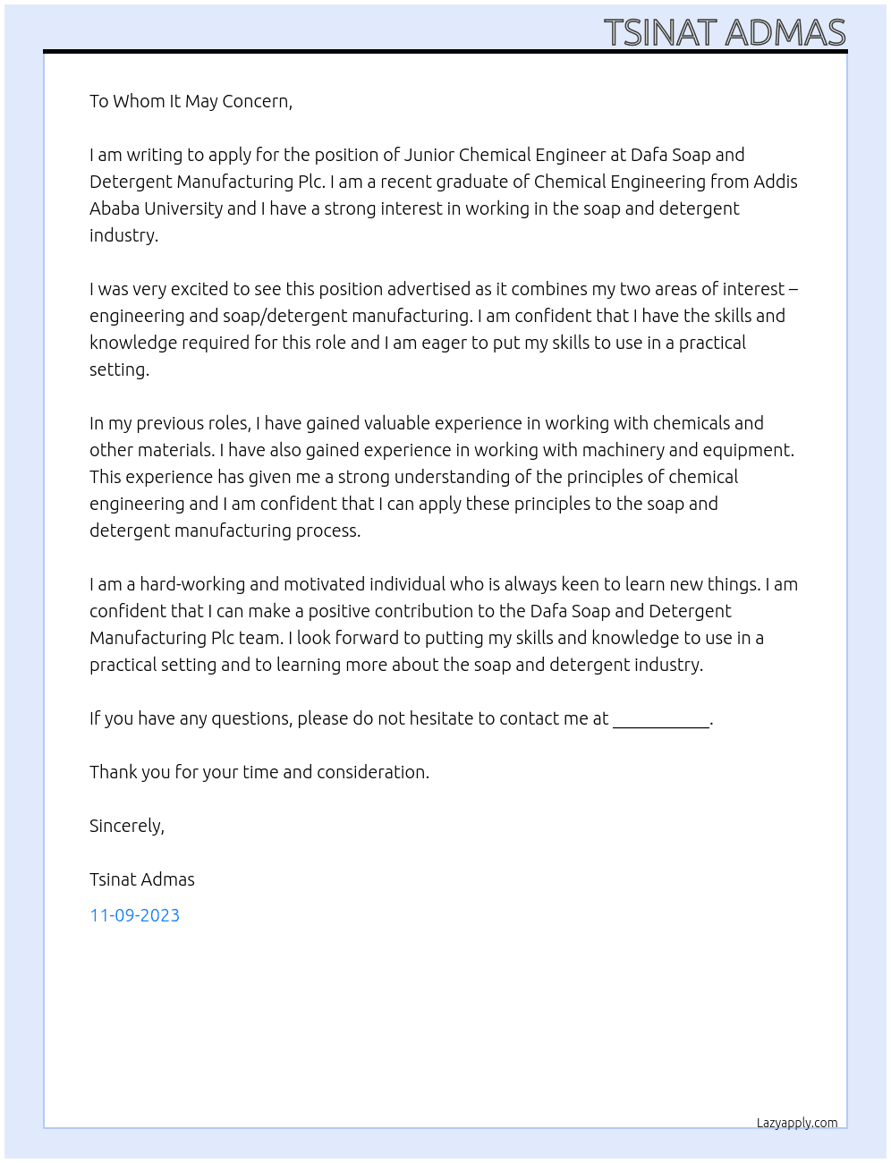 Junior chemical engineering At -Dafa Soap and Detergent Manufacturing Plc Cover Letter