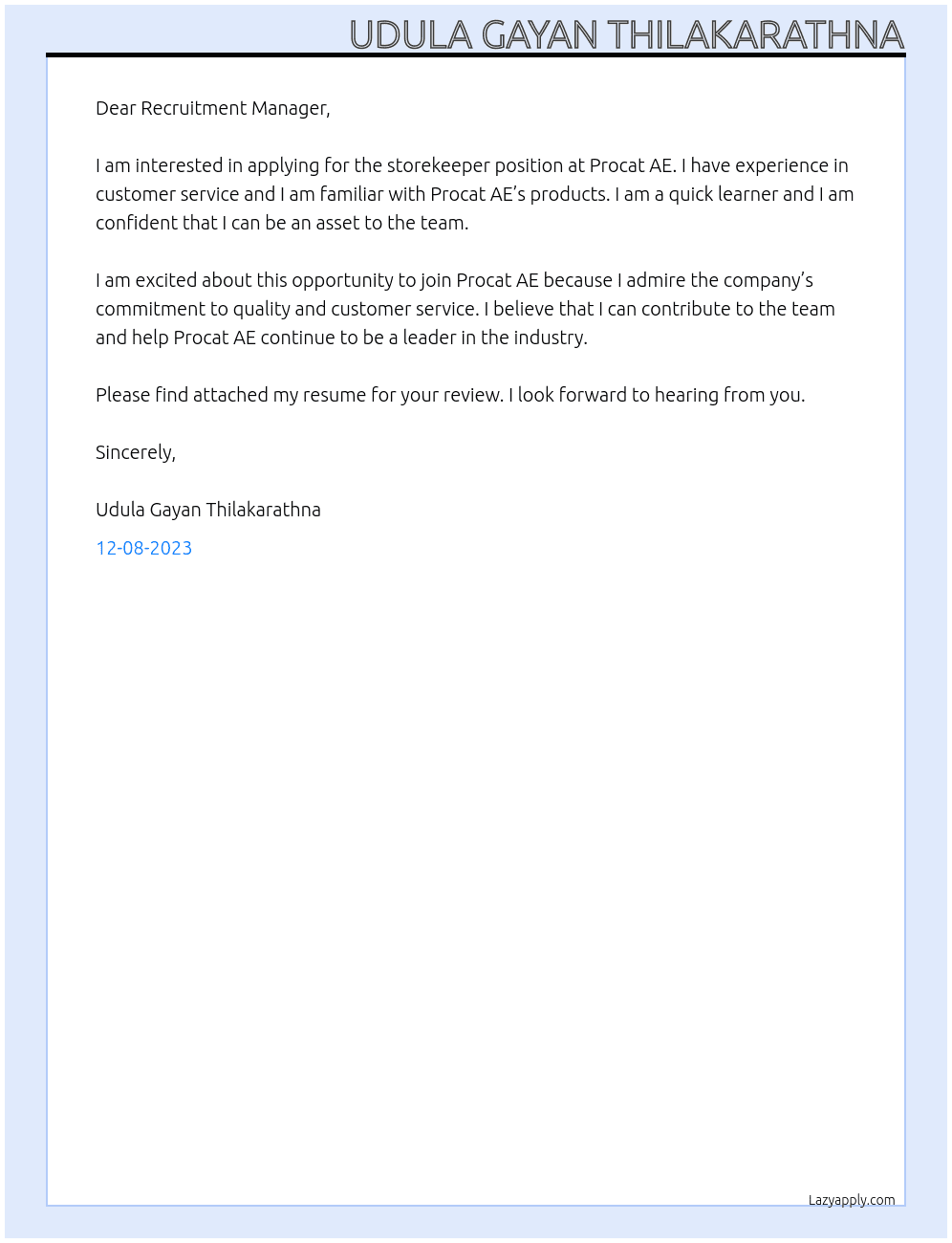 storekeeper At Procat AE Cover Letter