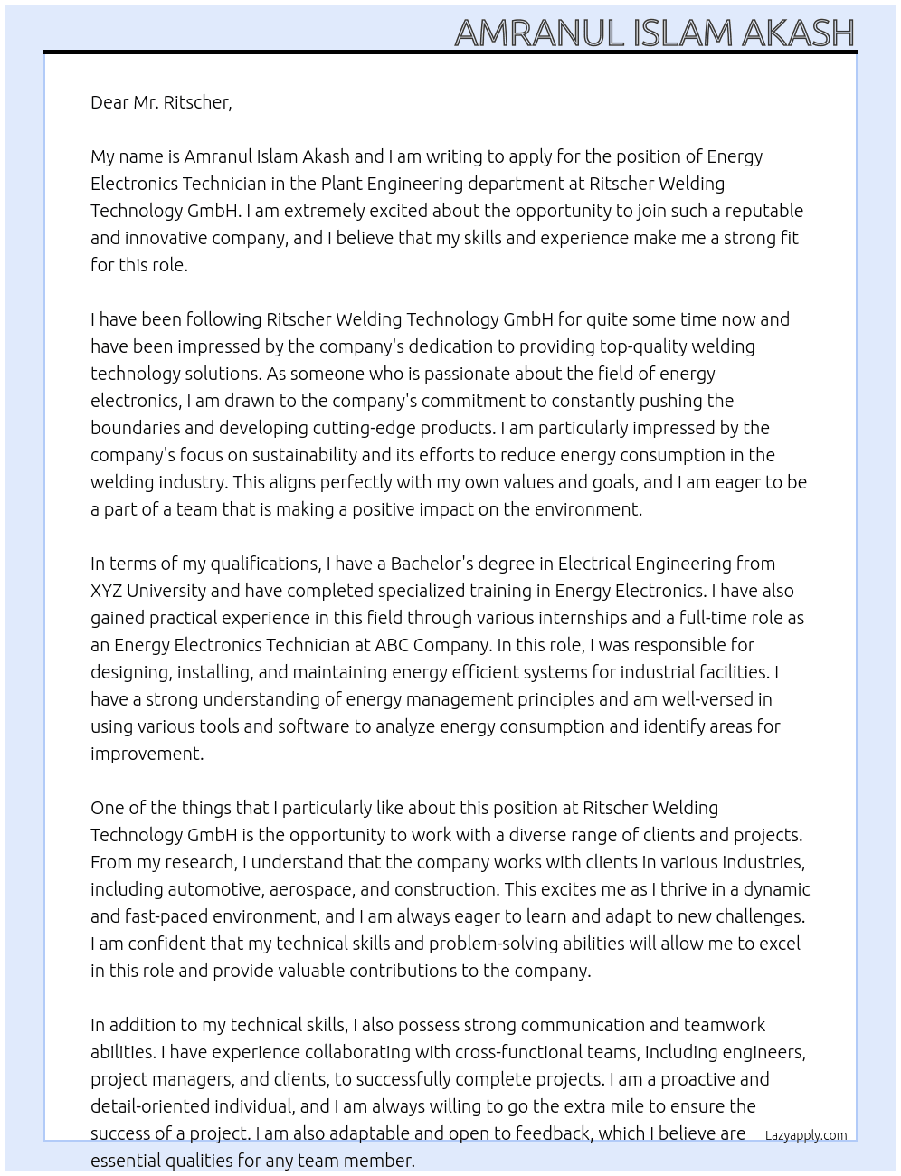Energy electronics technician - plant engineering At Ritscher Welding Technology GmbH Cover Letter