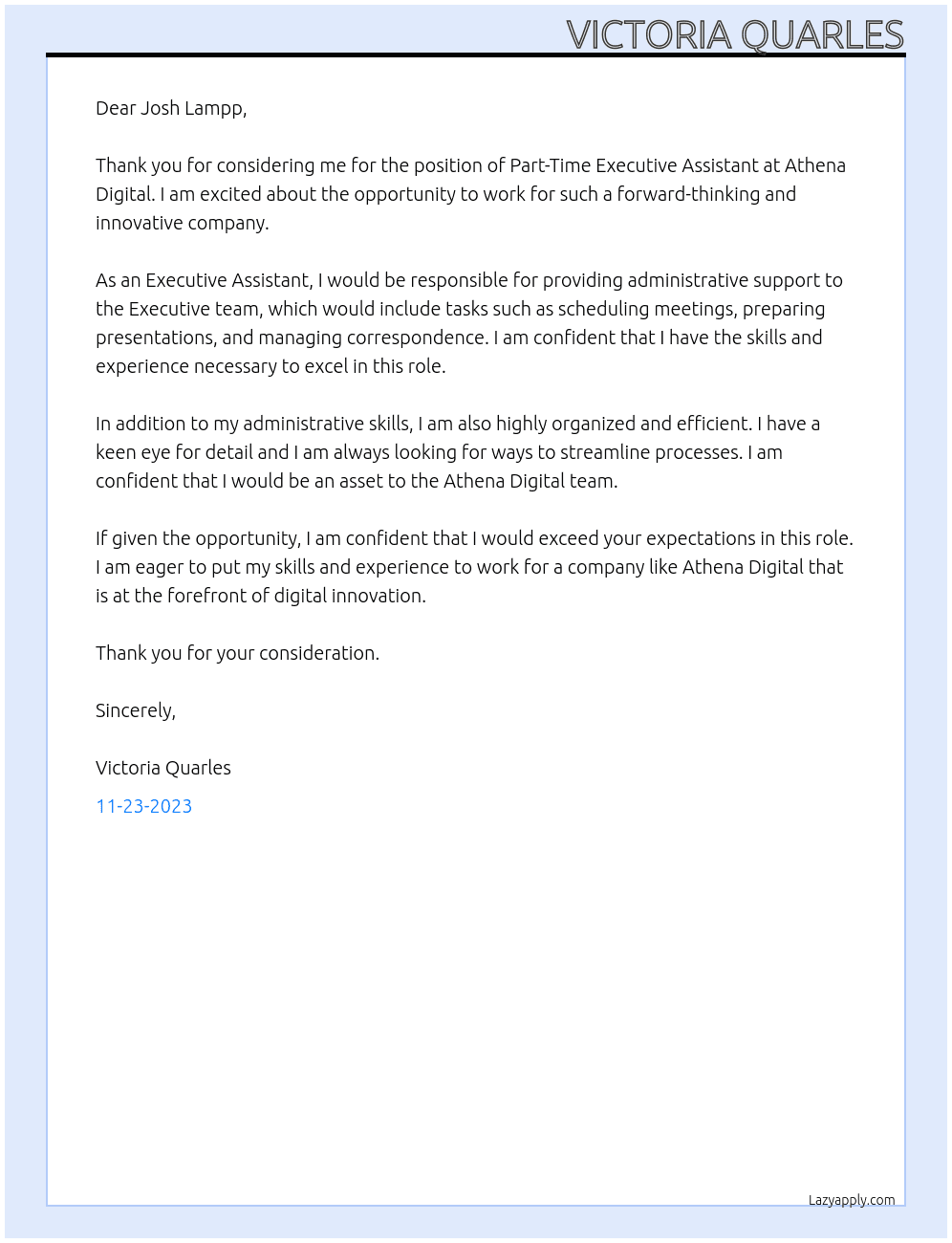 Part-Time Executive Assistant At Athena Digital Cover Letter