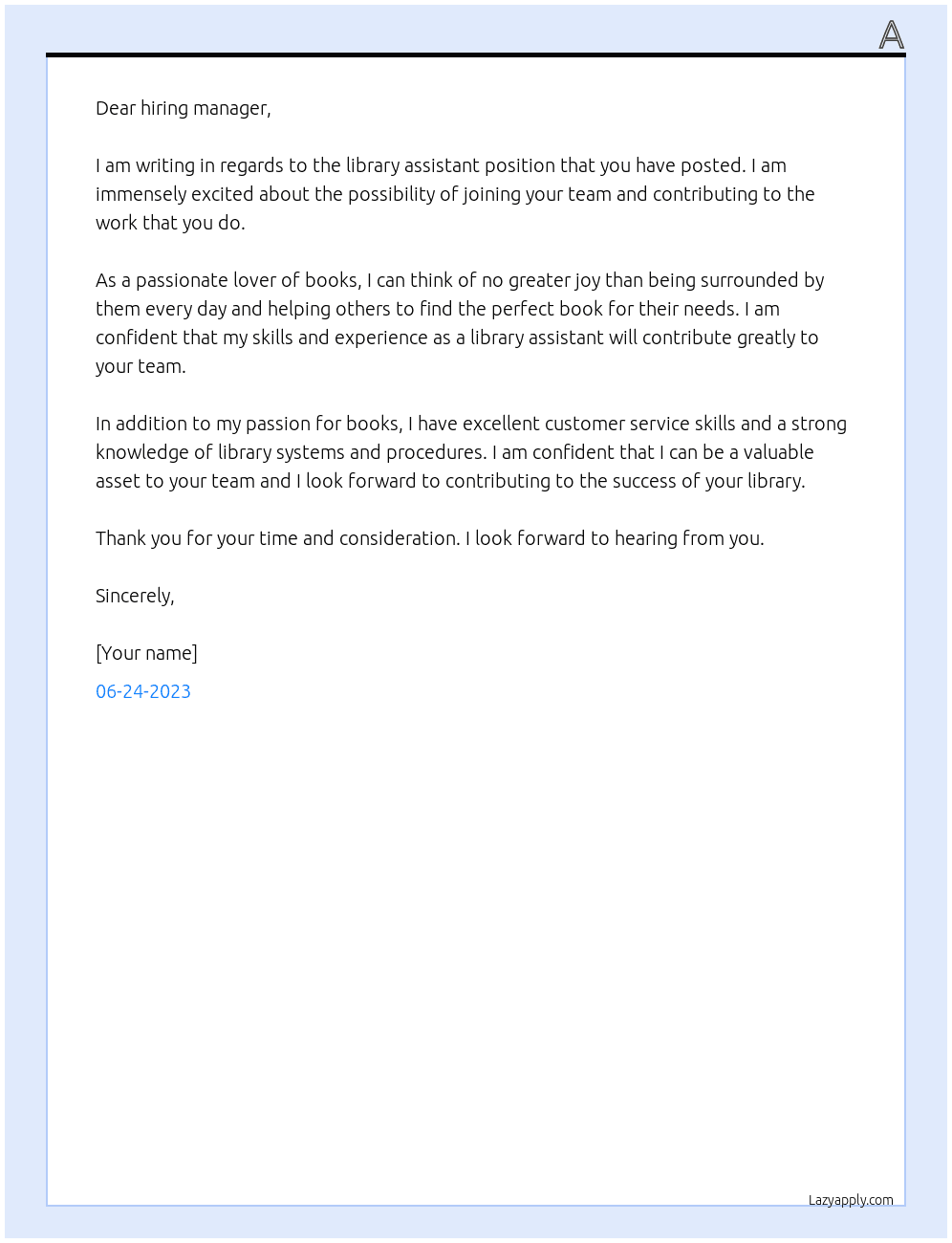 Cover letter for librariy assistant - LazyApply