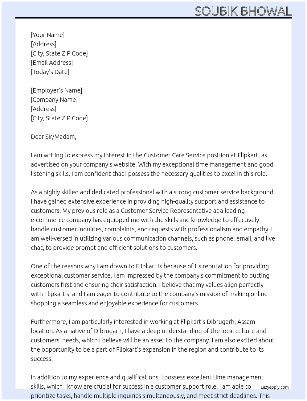 Customer care service  At Flipkart  Cover Letter