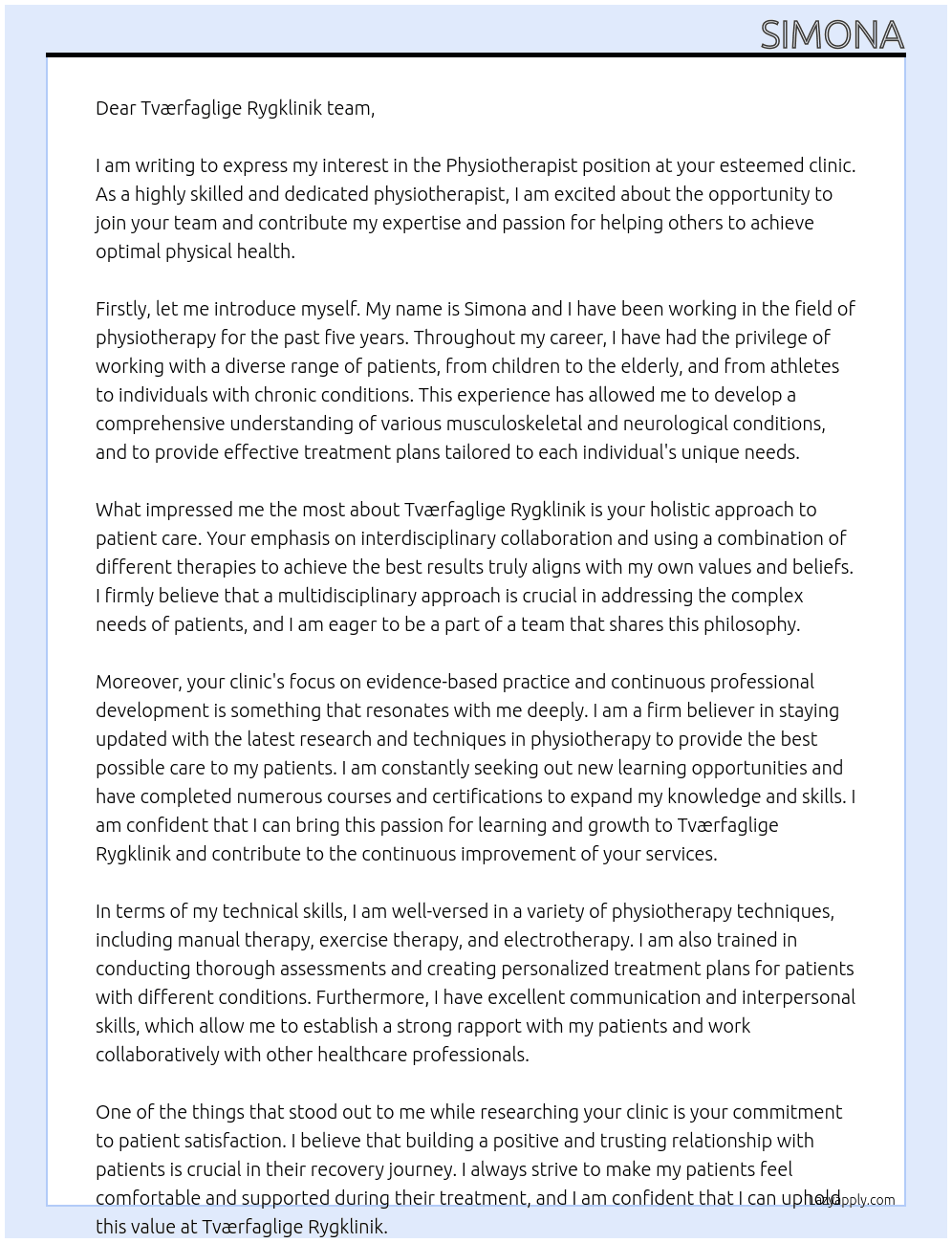Physiotherapist At Tværfaglige Rygklinik Cover Letter