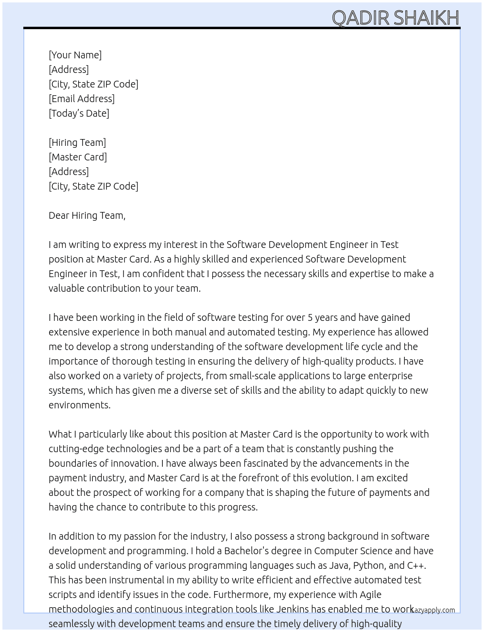 Software Development Engineer in Test At Master Card Cover Letter