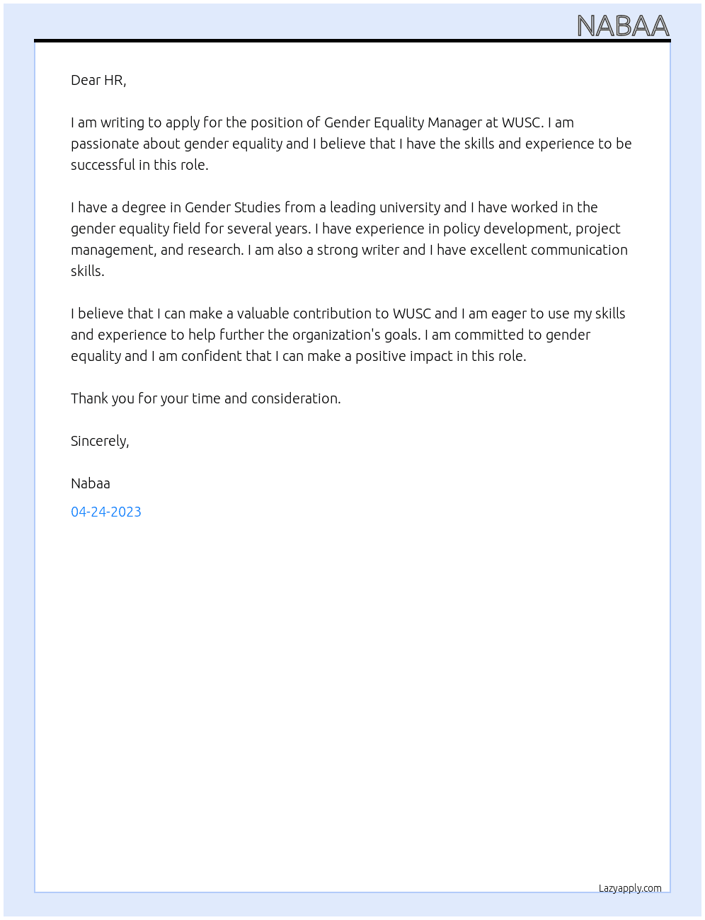 Gender Equality Manager At WUSC  Cover Letter