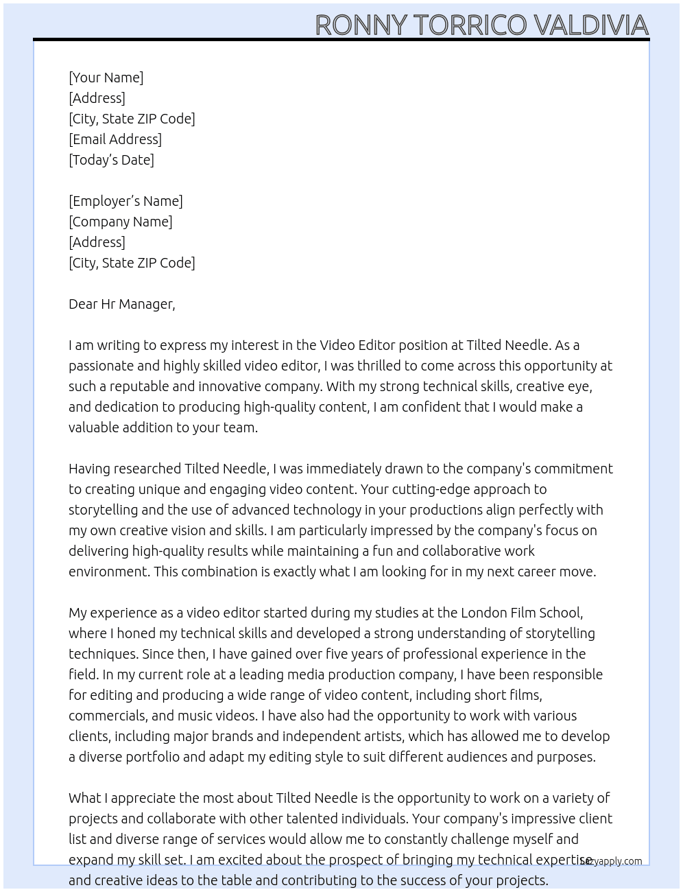 Video Editor At Tilted Needle Cover Letter