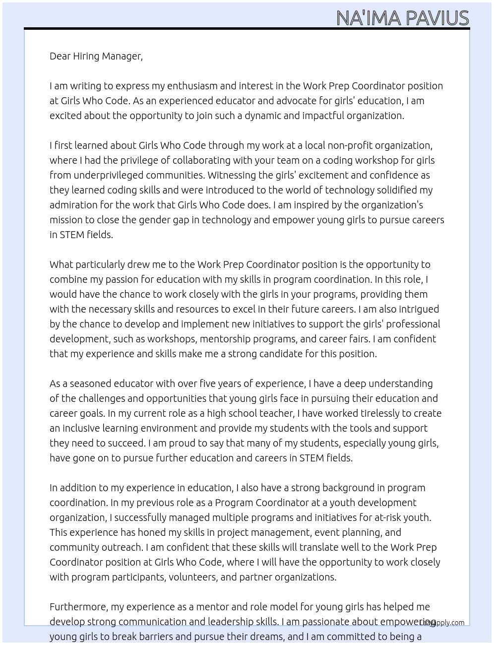 Work Prep Coordinator At Girls Who Code Cover Letter