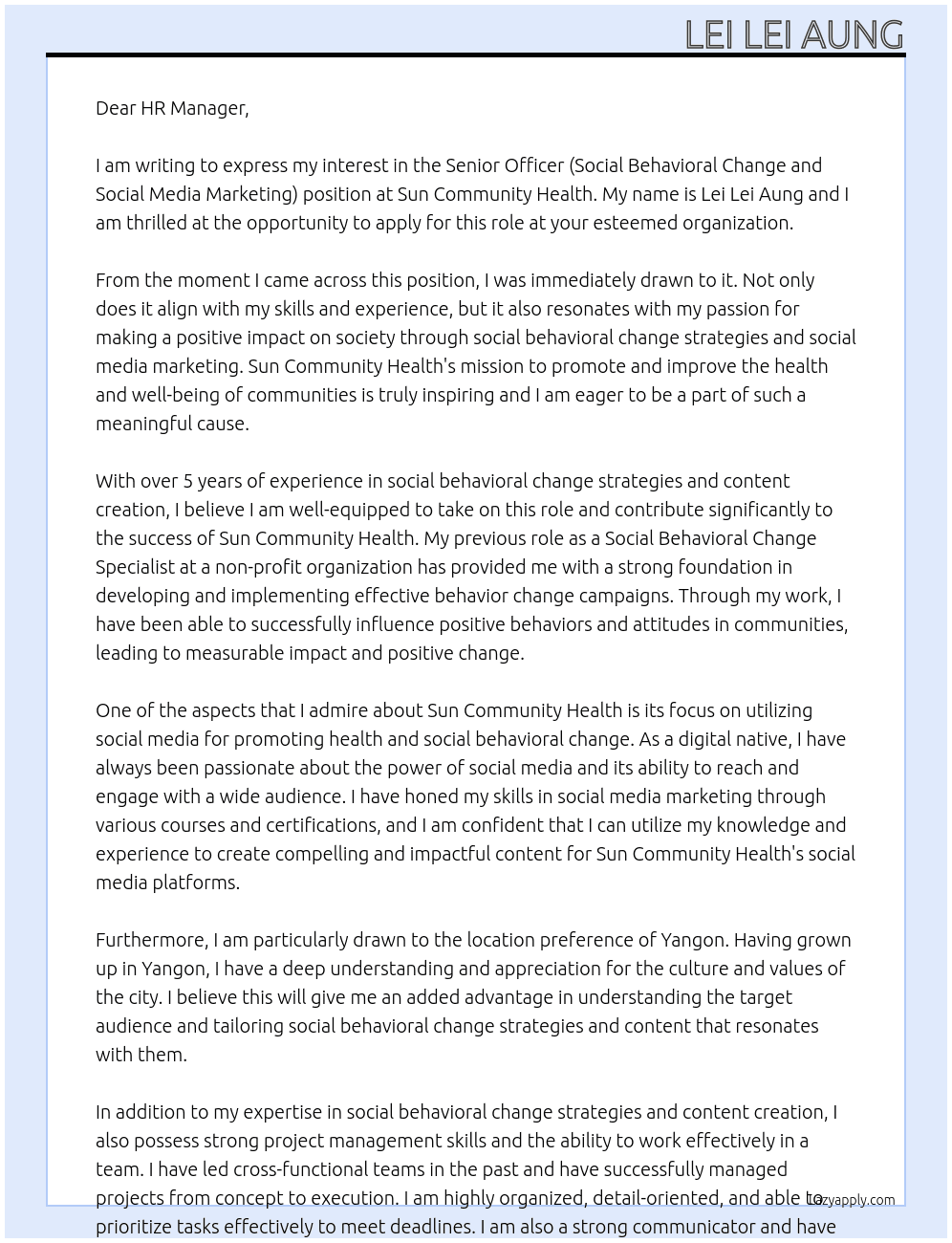 Senior Officer (Social Behavioral Change and Social Media Marketing) At Sun Community Health Cover Letter