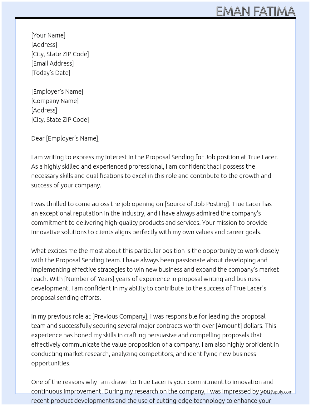 proposal sending for job At true lacer Cover Letter