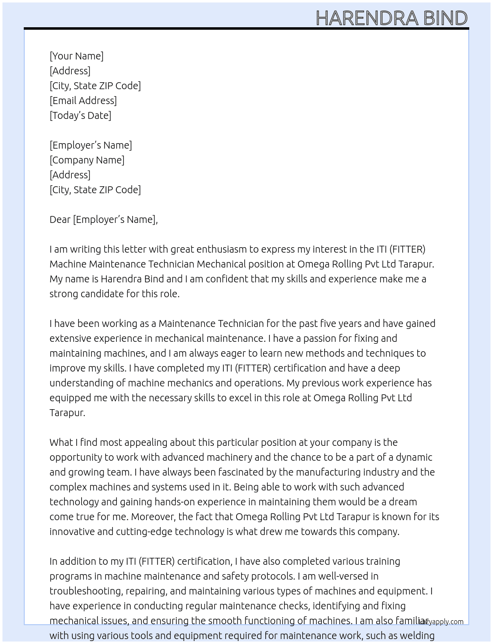 ITI (FITTER)  machine maintenance technician mechanical At Omega Rolling Pvt Ltd Tarapur  Cover Letter
