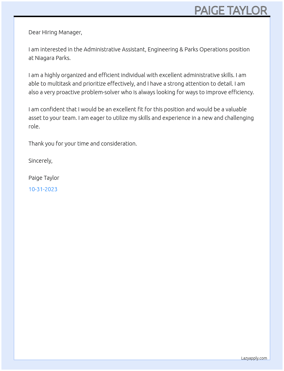 Administrative Assistant, Engineering & Parks Operations At Niagara Parks  Cover Letter