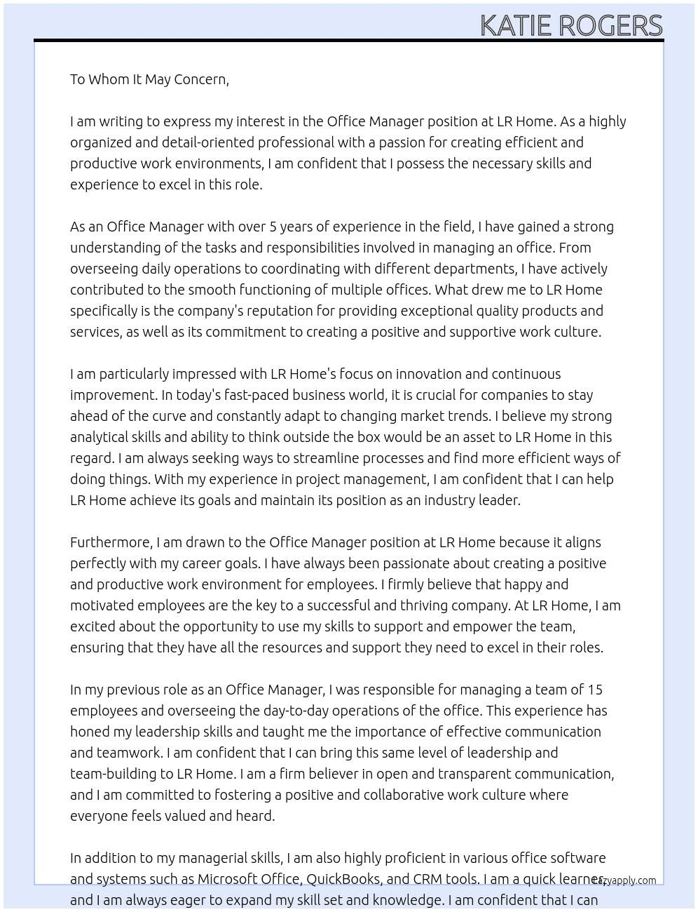 Office Manager At LR Home Cover Letter