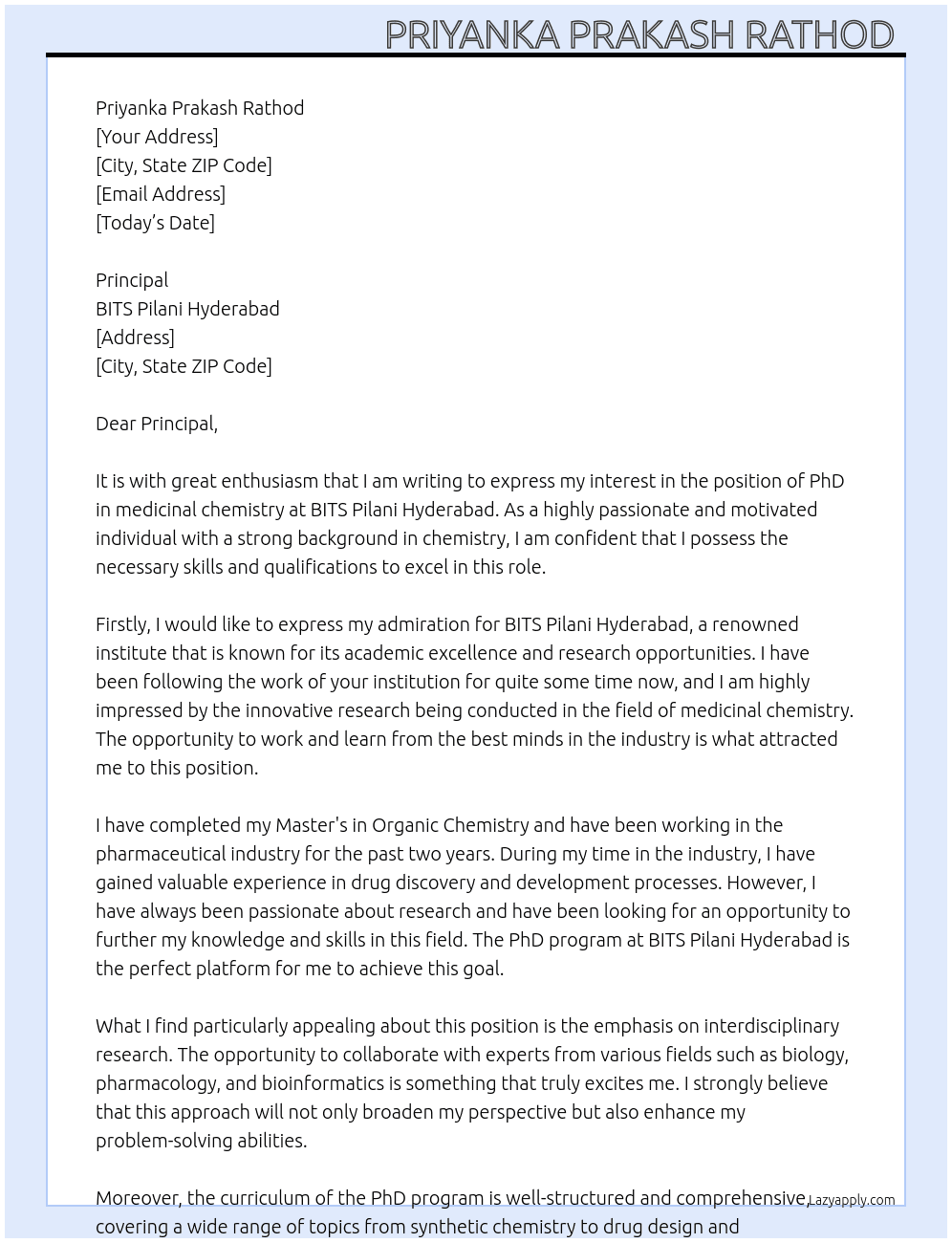 PhD in medicinal chemistry At BITS Pilani Hydrabad  Cover Letter